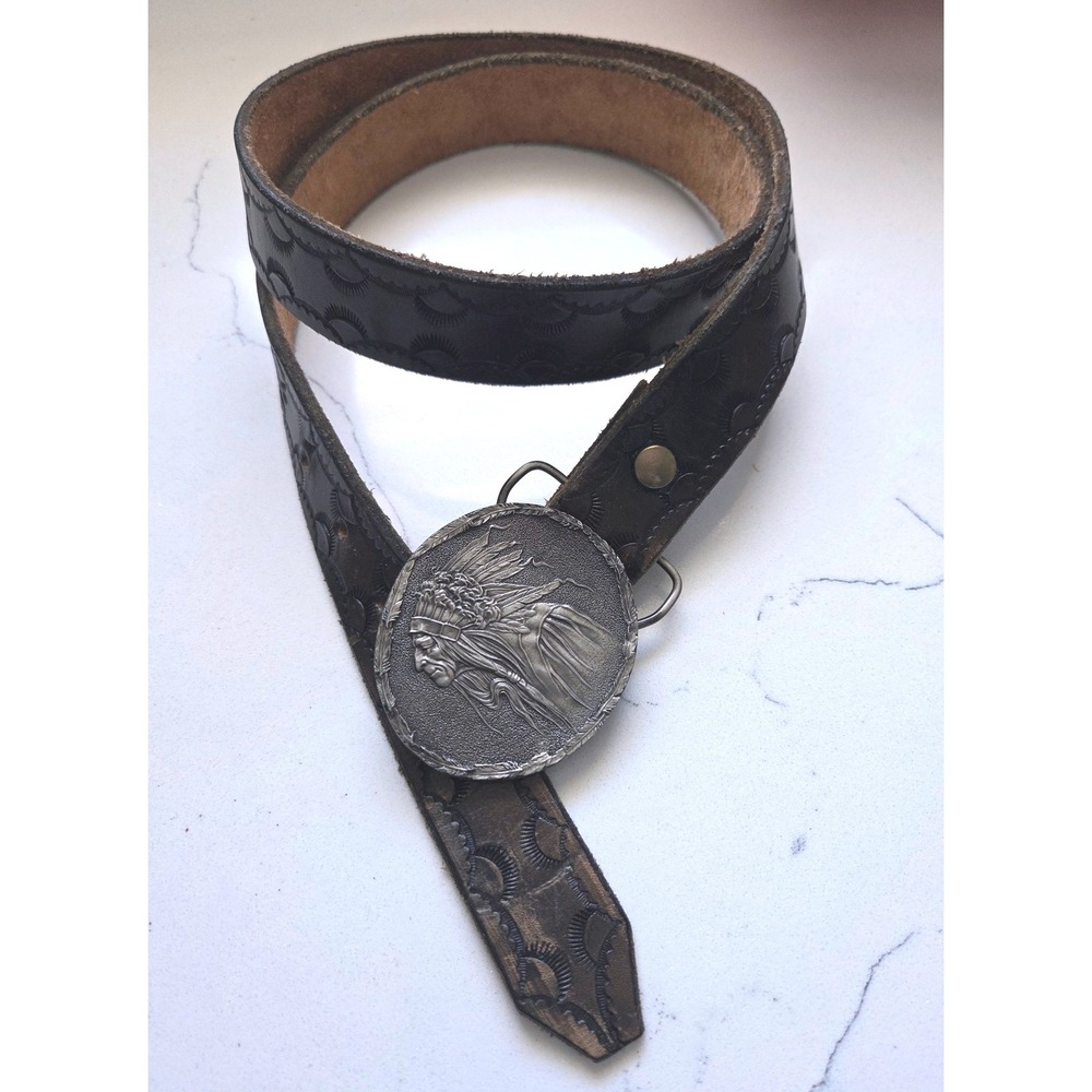 VTG 1977 Bergamot Brass Works Chief Buckle Tooled Leather Belt Brown USA